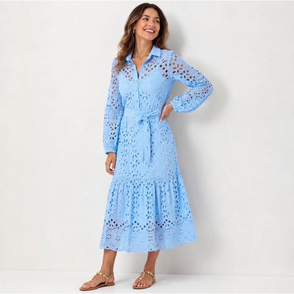 Lilly Pulitzer Zia Midi Shirtdress Women 0 Hydra Blue NWT Eyelet Embroidered